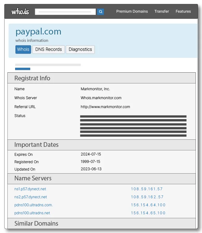 Whois: resultado da pesquisa sobre domínio