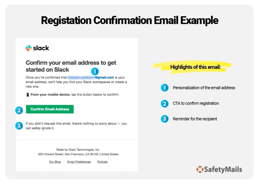 Email registration confirmation example from Slack