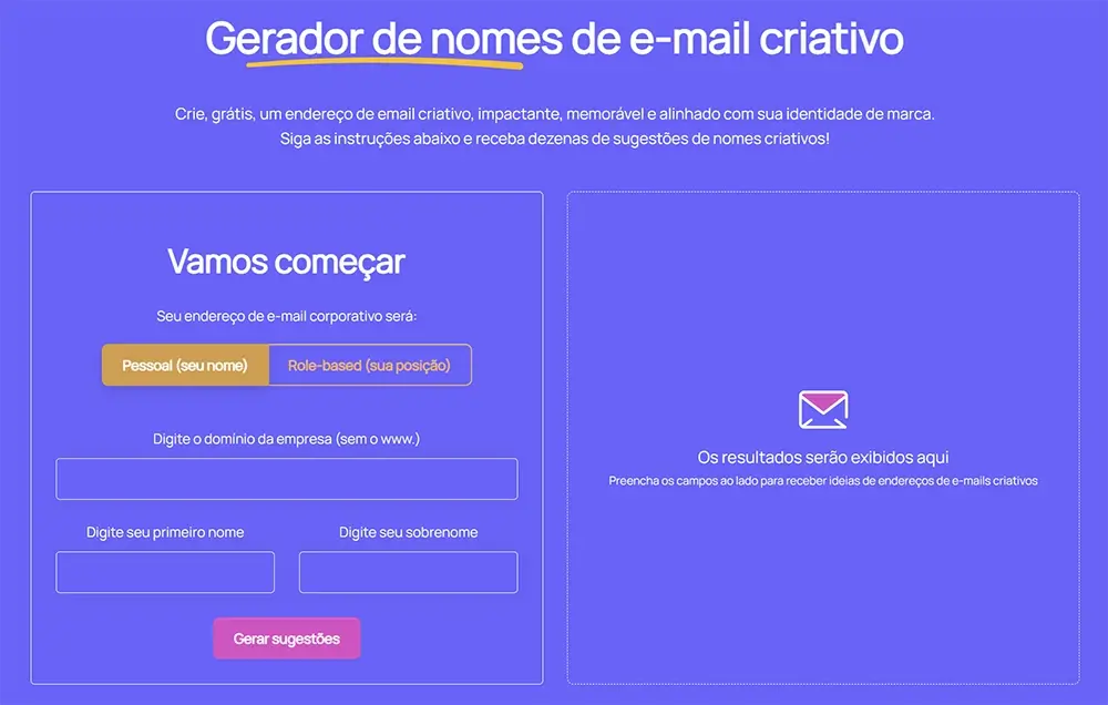 Gerador online de nomes de emails criativos da SafetyMails.