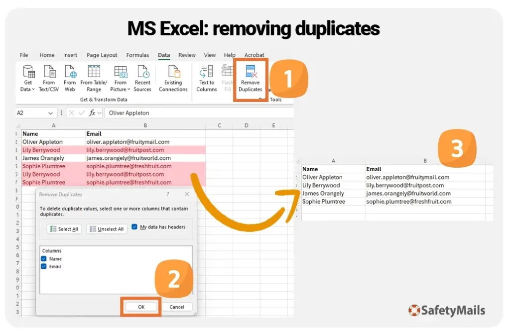 Removing duplicate data with MS Excel.